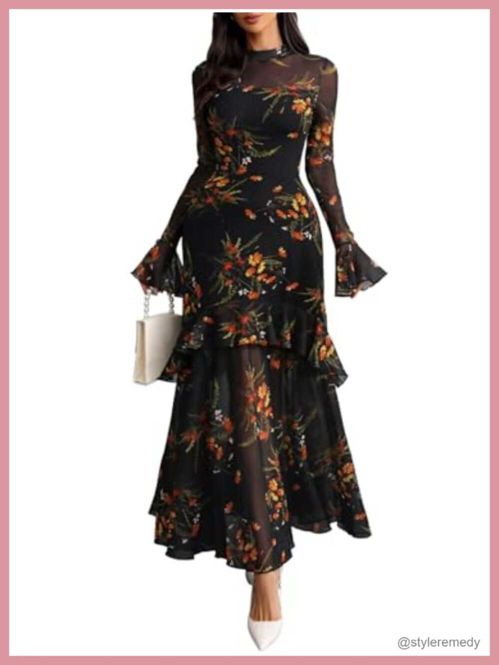 Floral Mesh Maxi Dress Bell Sleeve Mermaid Hem Wedding Guest